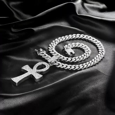 3-Pcs Iced 14K Gold Plated CZ Large Ankh Cross Pendant with Cuban Necklace & Bracelet