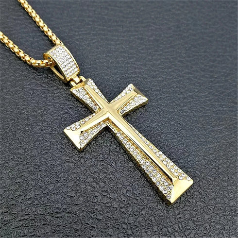 Iced Out Bling 18K Gold Plated Cubic Zirconia Cross Pendant Necklace