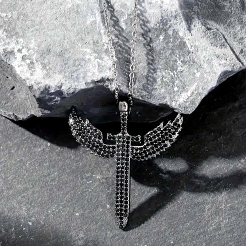 3Pc Iced Out 14KWhite Gold Plated CZ Angel Cuban Chain Pendant Necklace & Bracelet