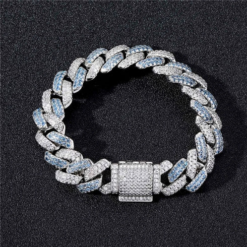 2 Pc Men Women FULLY ICED Rhombus Blue Cuban Link Chain 2Row CZ Necklace & Bracelet