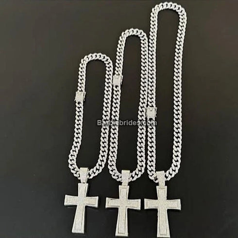 3-Pcs Iced 14K White Gold Plated CZ Large Cross Pendant with Cuban Necklace & Bracelet