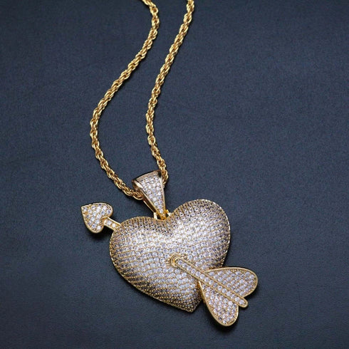 Iced Out Arrow Heart Bling 18K Gold Plated Cubic Zirconia Pendant Necklace