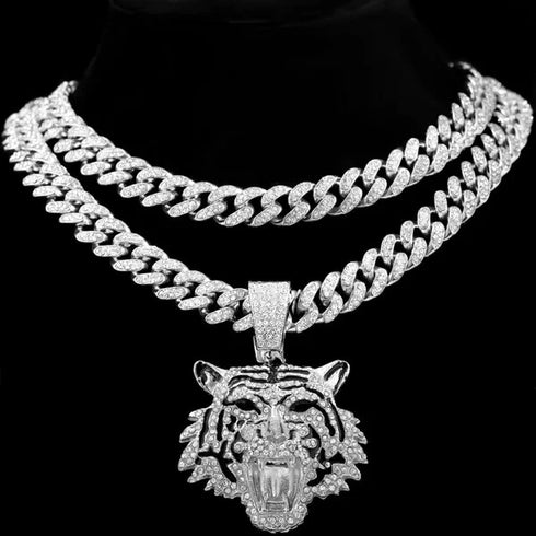 3 Pc Iced Out 14K Gold Plated CZ Tiger Head Pendant & Cuban Chain Necklace & Bracelet