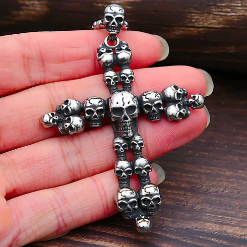 Vintage Cross Skull/Ghost 316L Stainless Steel Carved Halloween Pendant Necklace