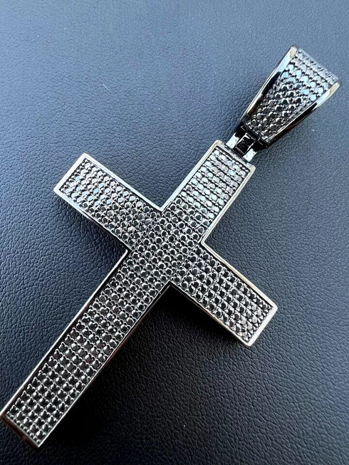 Rhodium Plated Iced Out Black CZ Cuban Chain Cross Pendant & Necklace