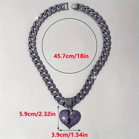 ICED OUT Broken Heart Rhodium Plated Purple Cubic Zirconia Cuban Chain Necklace