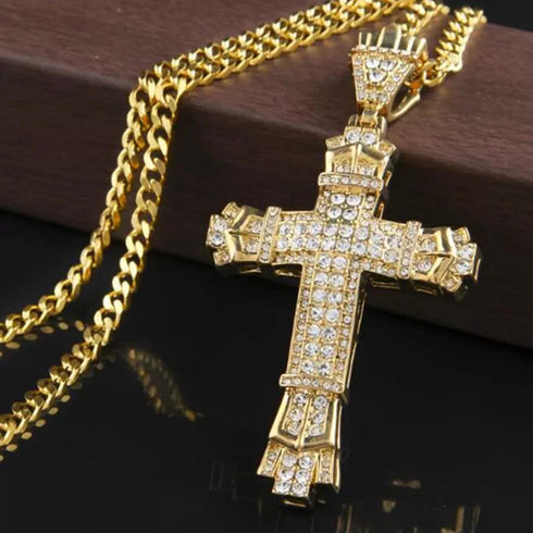 Iced Out Bling 18K Gold Plated Cubic Zirconia Cross Pendant Necklace