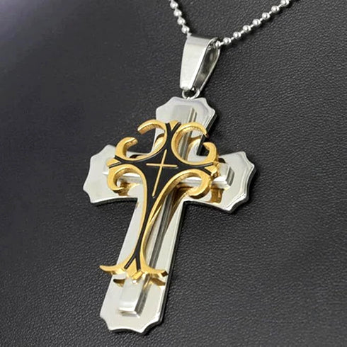 Titanium Creative Multi-Layer Gold Silver Cross/CZ Owl Pendant Necklace