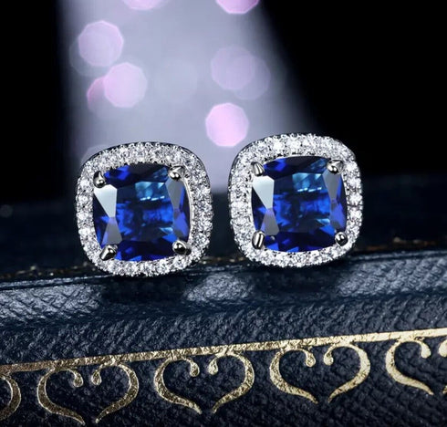 14K White Gold Plated Cushion Cut Square Blue Cubic Zirconia Men Women Earrings