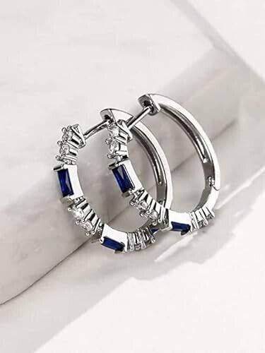 14K White Gold Plated Unique Blue Baguette Cubic Zirconia Men Women Hoop Earring