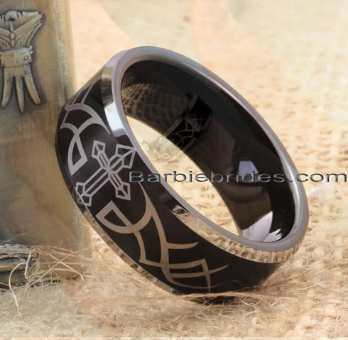 Men's 8mm Tungsten Black Etched Cross Tribal Pattern Comfort-Fit Wedding Band