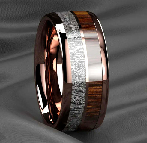 Men 8mm Tungsten Rose Gold Plated Silver &Koa Wood Inlay Engagement Wedding Band