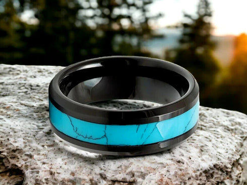 Men 8mm Tungsten Black Turquoise Beveled-Edge Comfort-Fit Polished Wedding Band