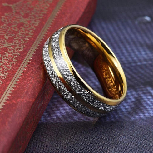 Men's 8mm Tungsten Yellow Gold Double Line Meteorite Inspired Domed Band