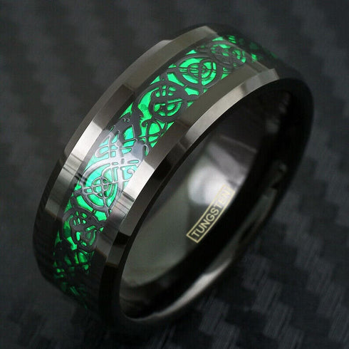 Beveled Edge Comfort-Fit Green Celtic Dragon 8mm Tungsten Wedding Band