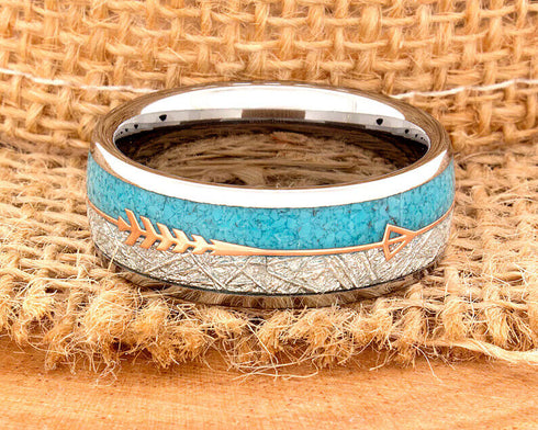 Men's 8mm Tungsten Cupid's Arrow Turquoise Meteorite Inspired Comfort-Fit Band