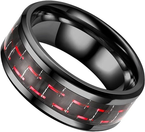 Men's 8mm Tungsten Ring Red Black Carbon Fiber Inlay Comfort-Fit Wedding Band