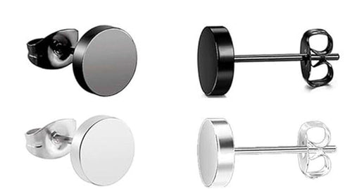 2 Pairs Of 316L Surgical-Steel Black & Silver Flat Round Men Women Stud Earrings