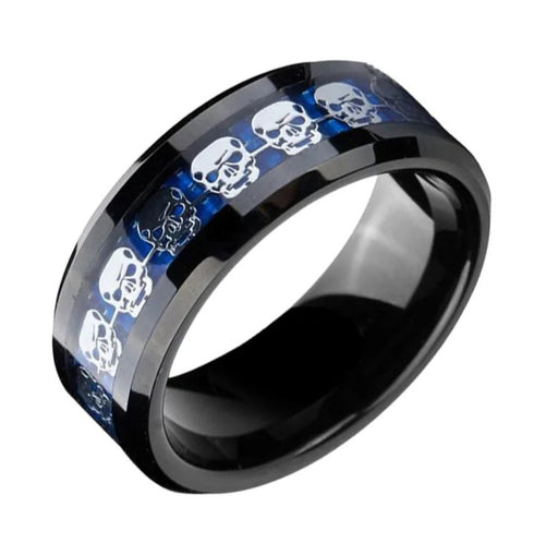 Men 8mm Titanium Black/Blue Laser Skull Carbon Fiber/Matte Black CZ Wedding Band