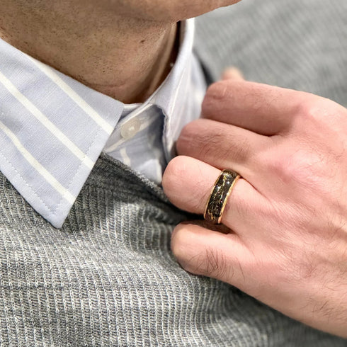 Men's 8mm Titanium Yellow Gold Leaf & Black Sandstone Comfort-Fit Wedding Band