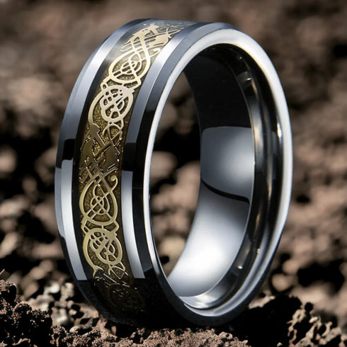 Men's 8mm Beveled Edge Comfort-Fit Yellow Celtic Dragon Tungsten Wedding Band