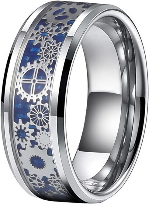 Men 8mm Tungsten Blue Carbon Fiber Steampunk Gear Inlay Comfort-Fit Wedding Ring