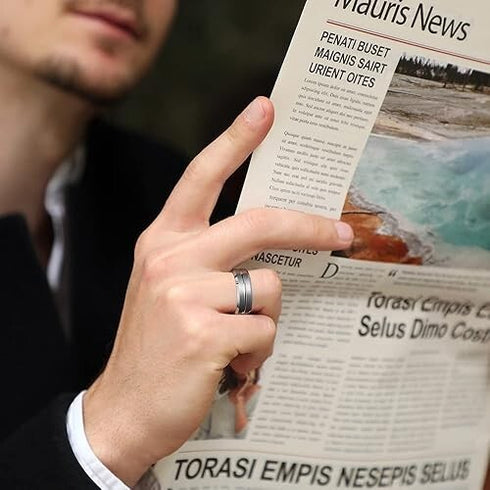 Men 8mm Tungsten Blue Glossed/Brushed Gunmetal Groove Beveled Edges Wedding Band