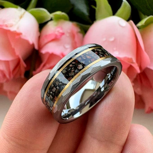 Men's 8mm Tungsten Dinosaur Bone & Meteorite Hammered Comfort-Fit Wedding Band