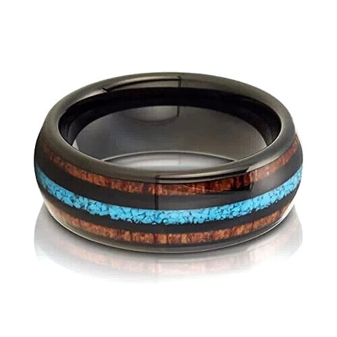 Men's 8mm Tungsten Carbide Crushed Turquoise Koa Wood Comfort-Fit Wedding Band