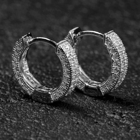 Exquisite Micro Pave 14K White Gold Plated 2 Row Iced CZ Men Women Hoop Earrings