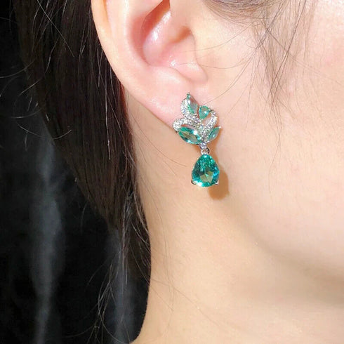 Elegant Aquamarine 14K White Gold-Plated Cubic Zirconia Women Dangle Earrings