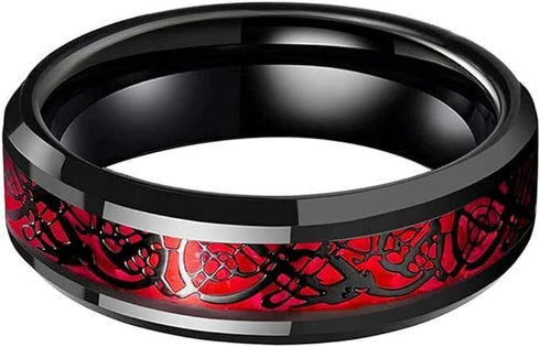 Men's 8mm Tungsten Beveled Edges Red Celtic Dragon Comfort-Fit Wedding Band Ring