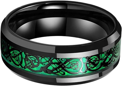 Beveled Edge Comfort-Fit Green Celtic Dragon 8mm Tungsten Wedding Band