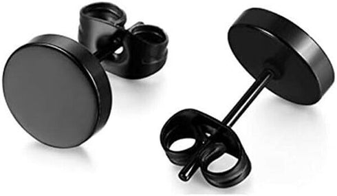 2 Pairs Of 316L Surgical-Steel Black & Silver Flat Round Men Women Stud Earrings