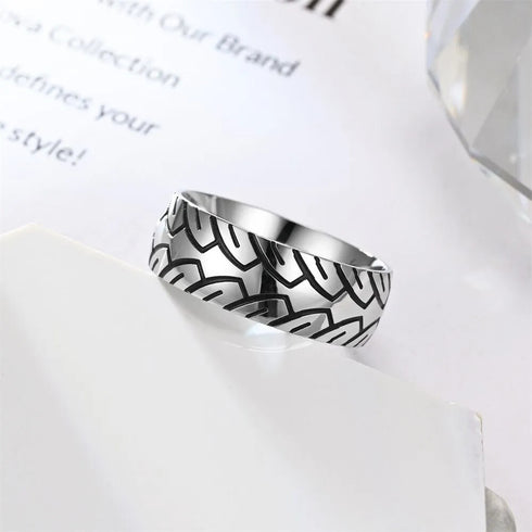Men 8mm Titanium Motorcycle Tire Tread Pattern & Anodized Inlays Non-Fading Band