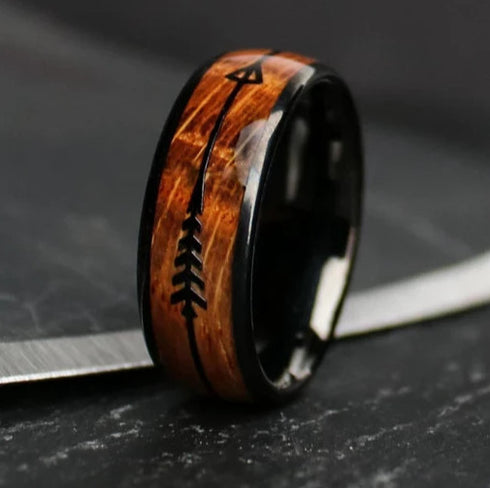 Men's 8mm Tungsten Cupid's Arrow Whiskey Barrel Wood Comfort-Fit Wedding Band