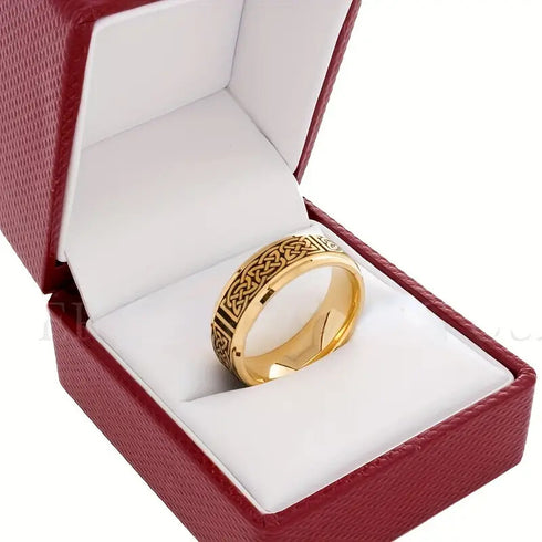 Men's 8mm Titanium Gold Black Celtic Knot Engraved Engagement Wedding Band