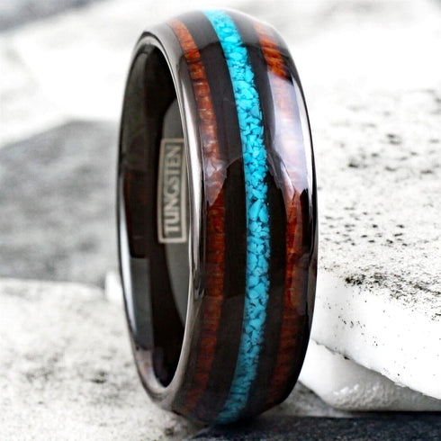 Men's 8mm Tungsten Carbide Crushed Turquoise Koa Wood Comfort-Fit Wedding Band