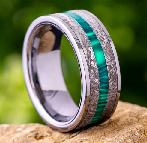 Men's 8mm Titanium Malachite & Meteorite Inlay Comfort-Fit Wedding Band