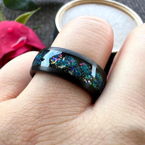 Men's 8mm Black Tungsten Celestial Galaxy Crushed Opal Comfort-Fit Wedding Band