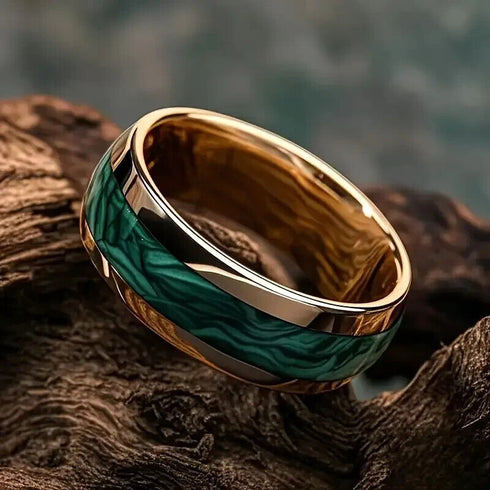 Men's 8mm Titanium Gold Fabricated Malachite Inlay Comfort-Fit Wedding Band