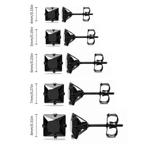 5Pair Stainless Steel Black Cubic Zircon 4/5/6/7/8mm Solitaire Men Women Earring