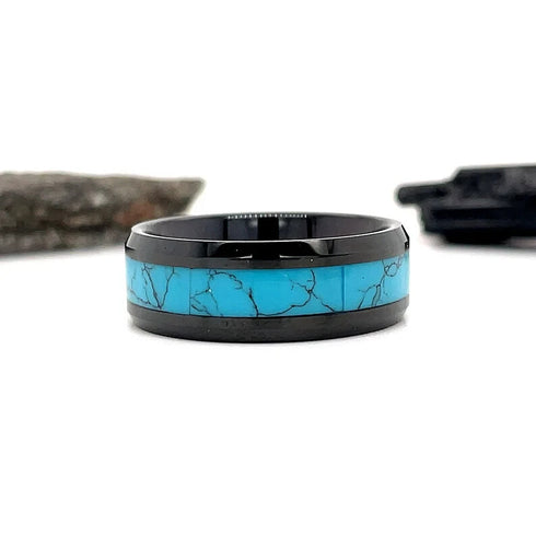 Men 8mm Tungsten Black Turquoise Beveled-Edge Comfort-Fit Polished Wedding Band