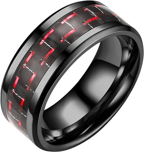 Men's 8mm Tungsten Ring Red Black Carbon Fiber Inlay Comfort-Fit Wedding Band