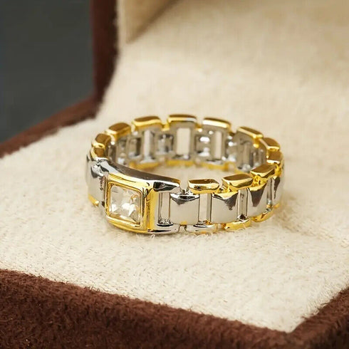 Men's Titanium Steel Two-Tone Square Chain Pattern Cubic Zirconia Wedding Band