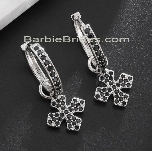 Paved 14K White Gold Plated Black Cubic Zirconia Men Women Cross Dangle Earrings