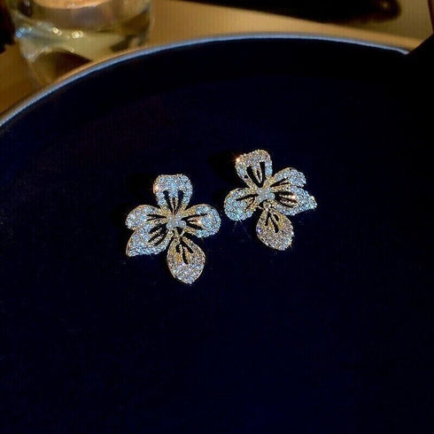 Elegant Round Cut Floral Stud 14K Gold-Plated Cubic Zirconia Women Earrings
