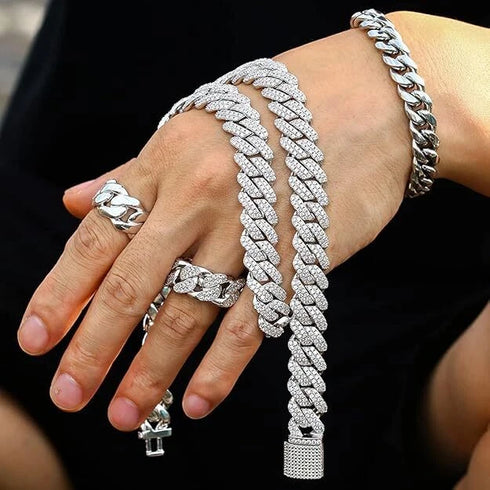 2-Pc Men FULLY ICED Thick 14K Gold Plated CZ Miami Cuban Link Necklace & Bracelet