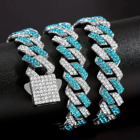 2Pc FULLY ICED 14K White Gold Plated CZ Miami Cuban Link Chain Necklace & Bracelet