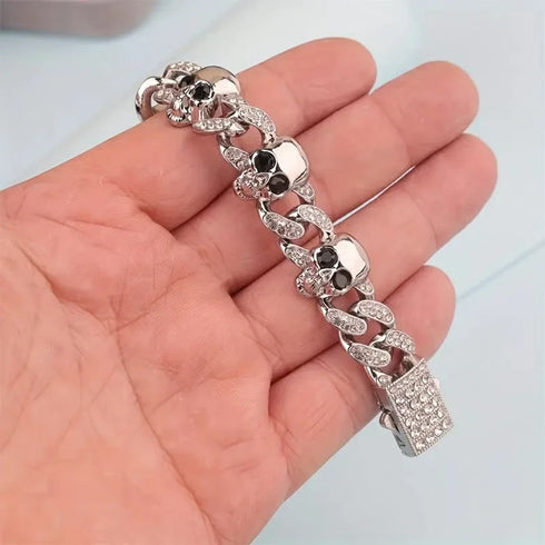 2-Pc Iced Out Skull Rhodium Plated Cubic Zirconia Unisex Cuban Necklace & Bracelet